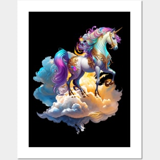 Mythical Unicorn sunny horse clouds splash watercolor fantasy magic tale romance illustration Posters and Art